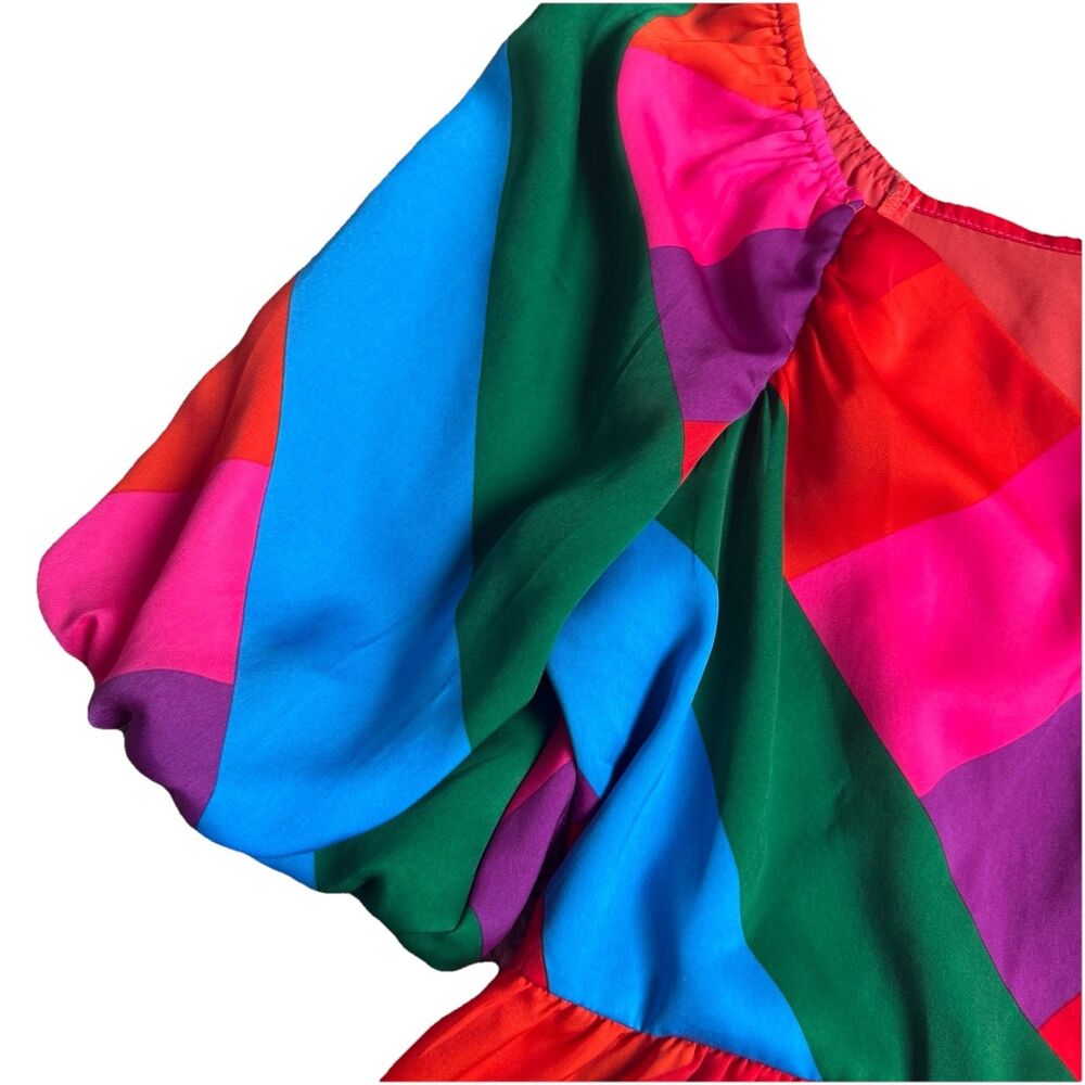 Skies Are Blue Women's Vibrant Color Block Puff Sleeve V-neck Peplum Top Sz L - Picture 3 of 6